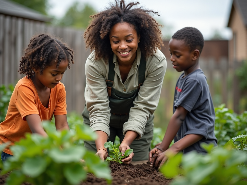 College student planting vegetables with kids in community garden