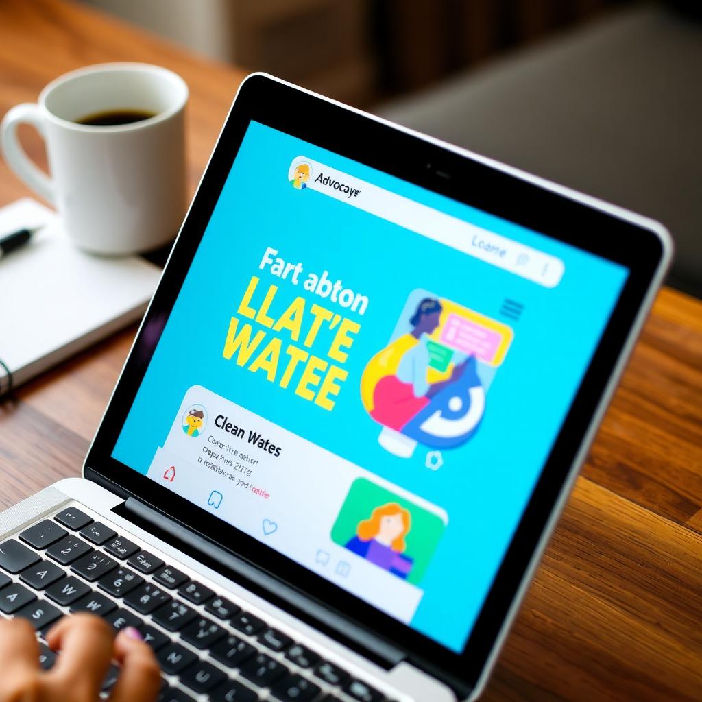 A laptop screen showing a social media post with a clean water infographic, accompanied by a coffee cup and notepad.