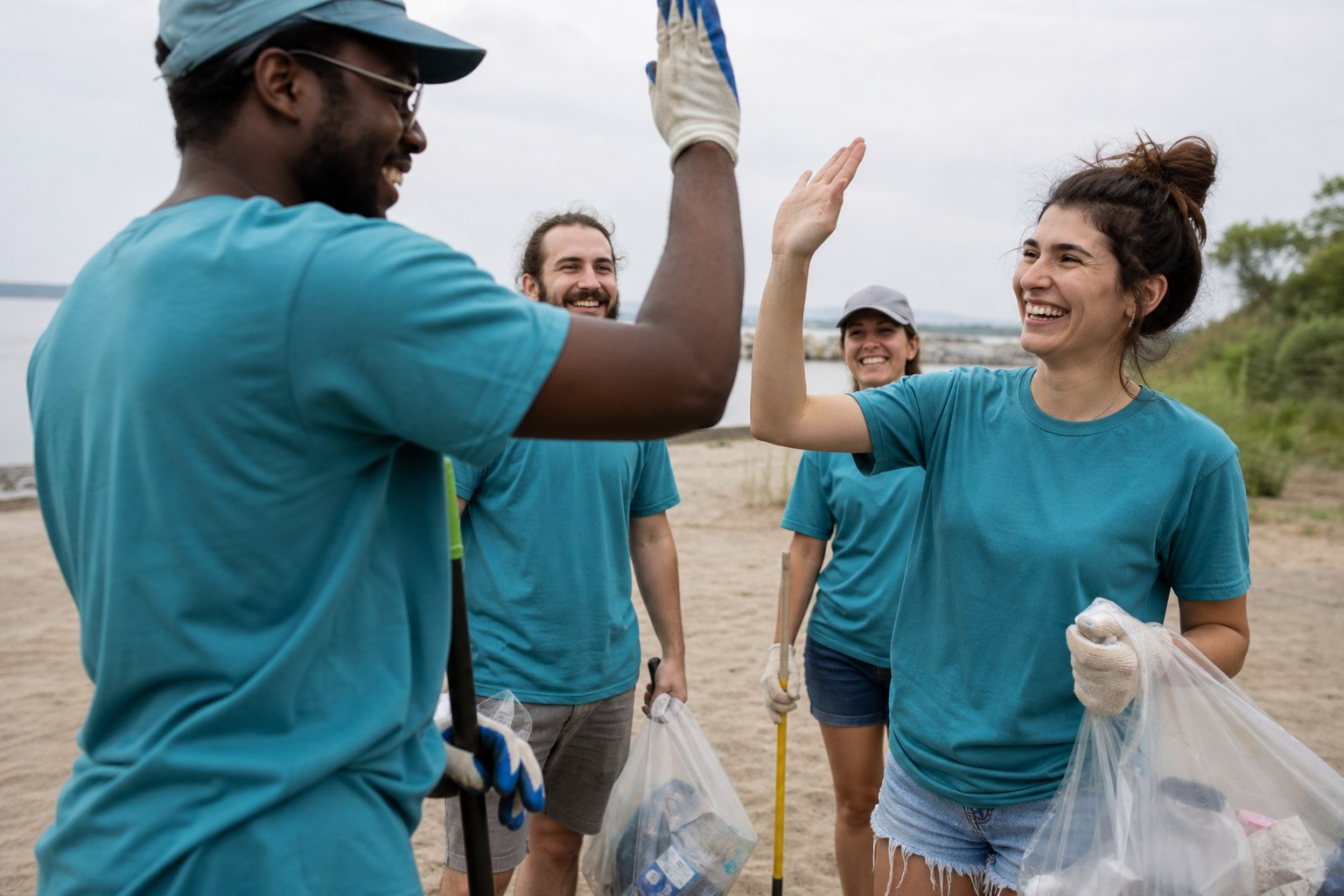 Volunteers celebrating a successful community cleanup event