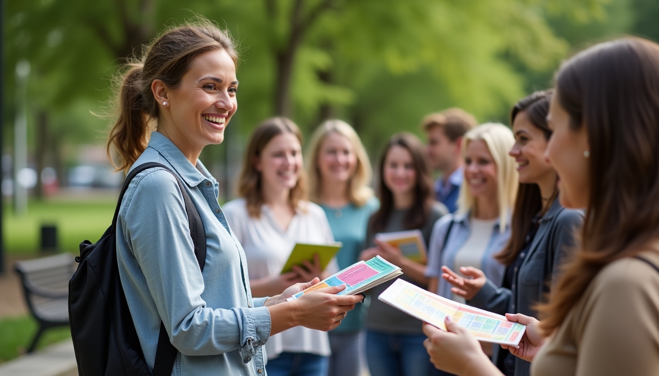 A volunteer interacting with a small group of people in an energetic public park setting, sharing pamphlets on a cause.