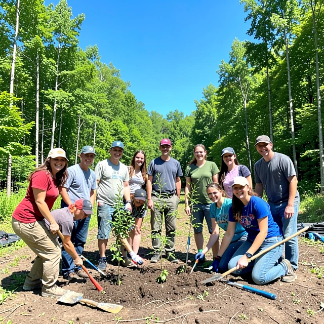 Group of volunteers planting trees in a forest