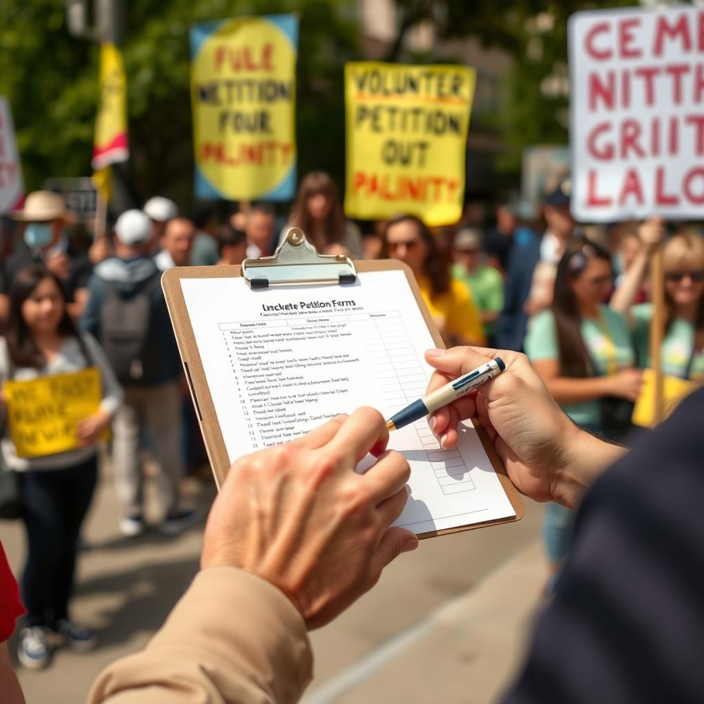 Volunteer filling out a petition form at a community event.