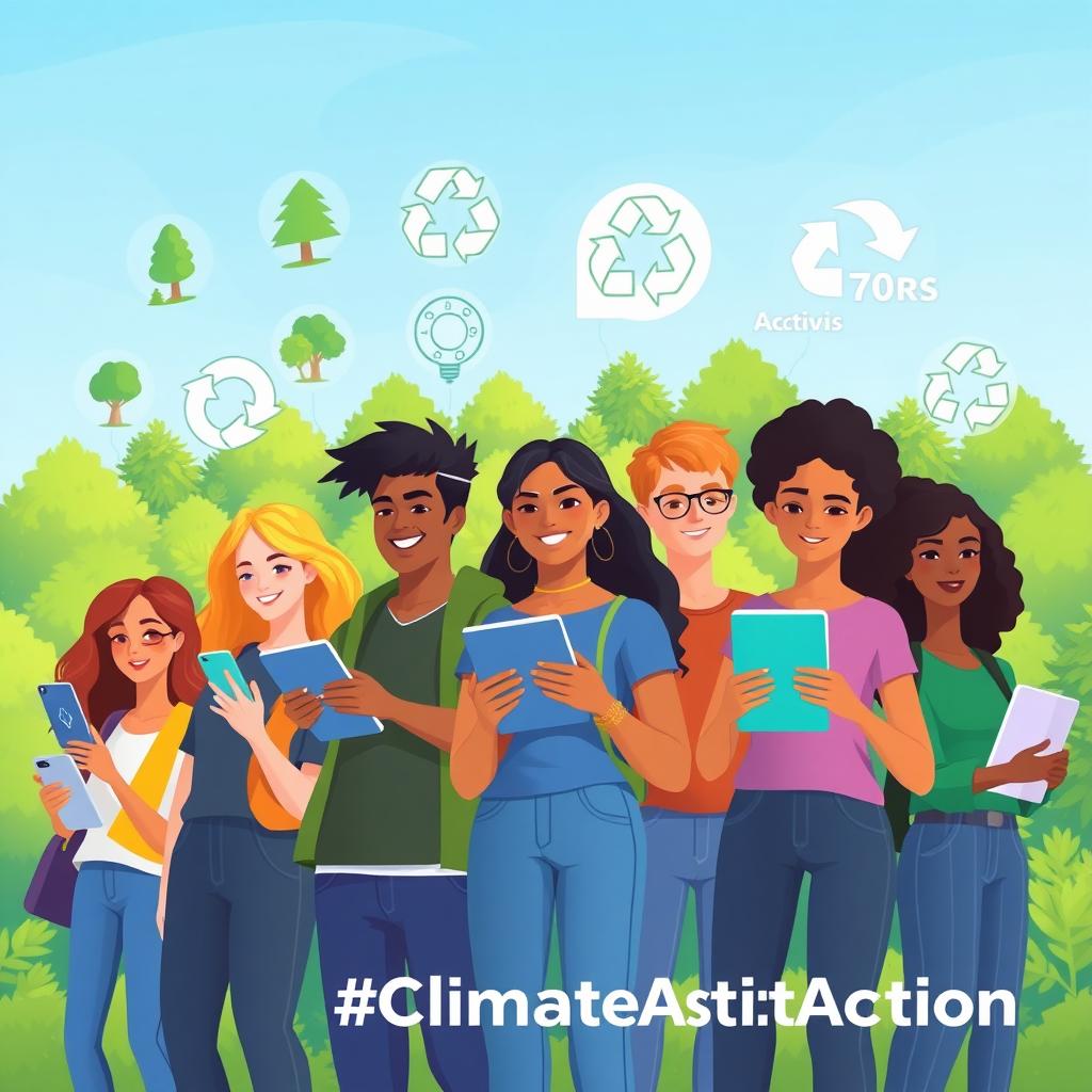 Illustration of activists using smartphones to promote environmental advocacy with nature-inspired icons.
