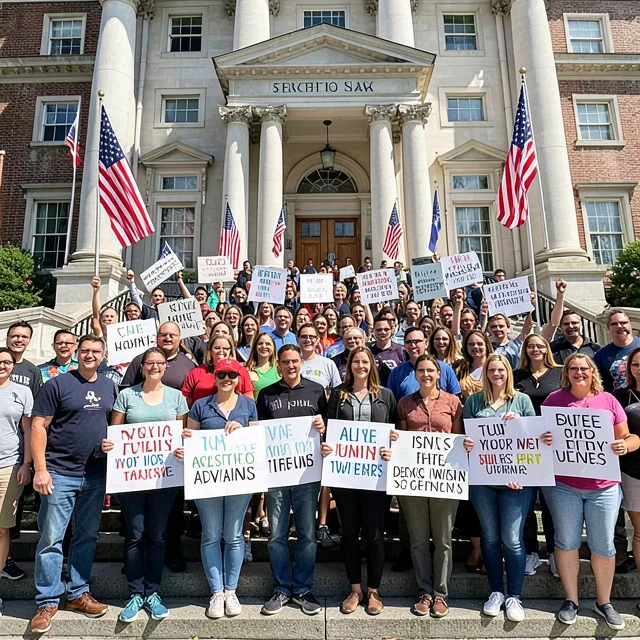 Group of advocacy volunteers celebrating success outside city hall