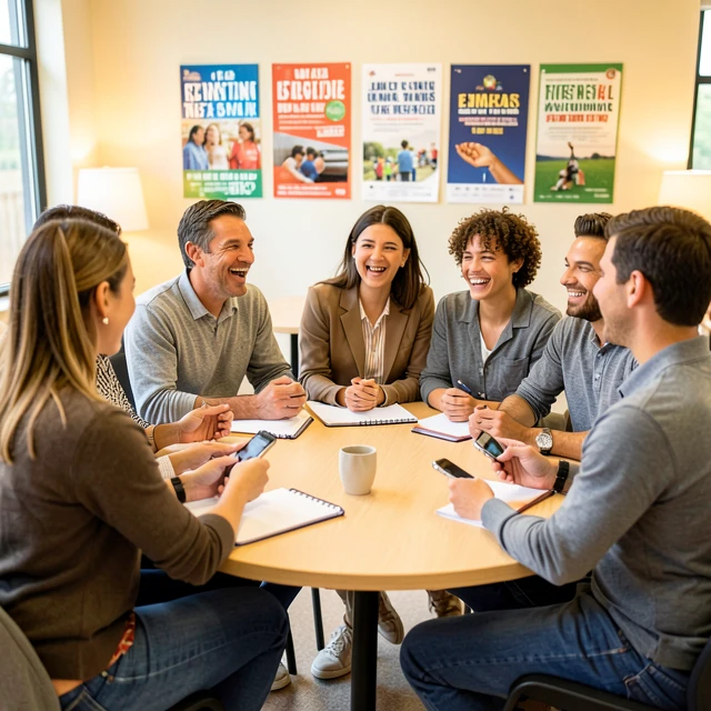Diverse group of volunteers engaging in discussion at a nonprofit meeting