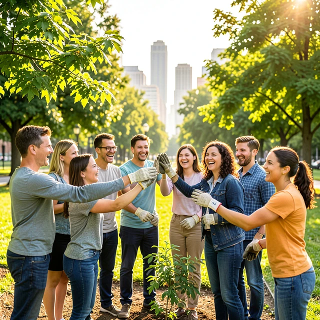 Diverse volunteers celebrating teamwork while planting trees in a community park