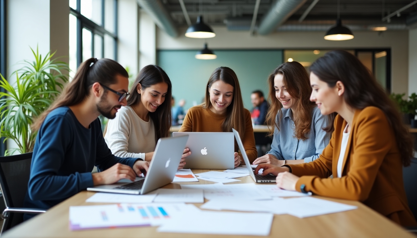 People collaborating on a grant application in a cozy office space.