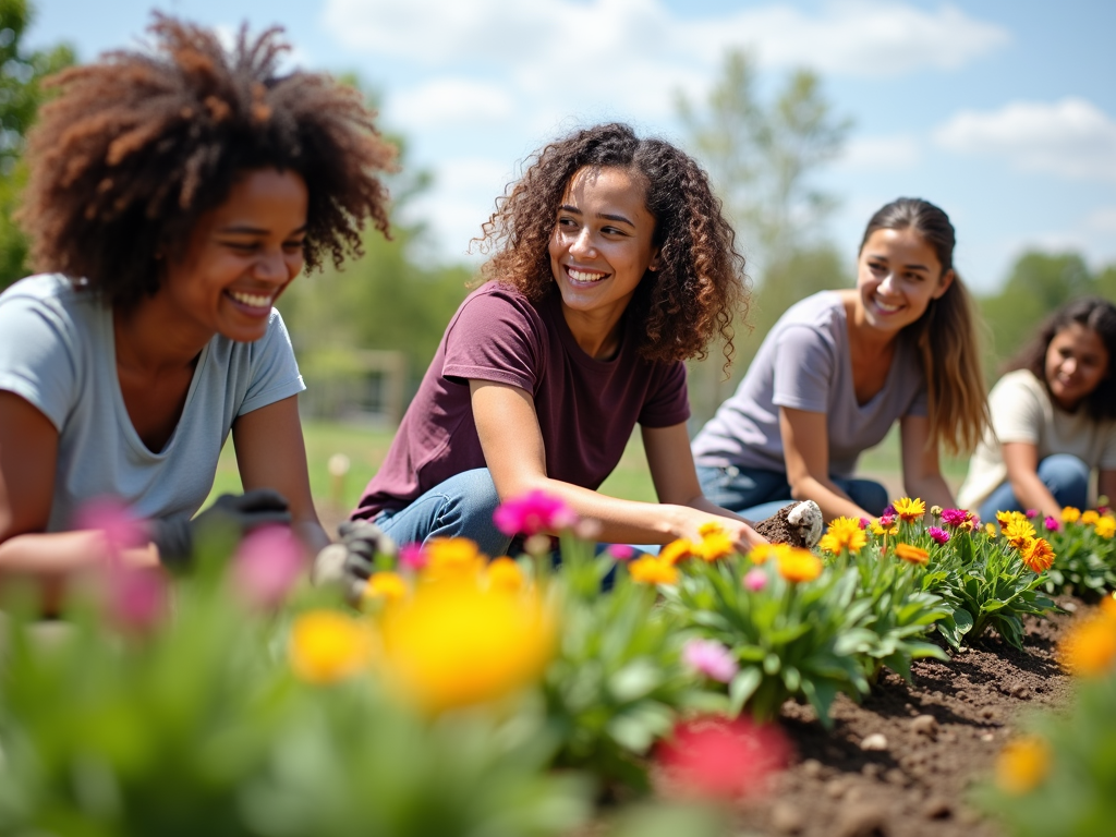 Volunteers working together in a community garden