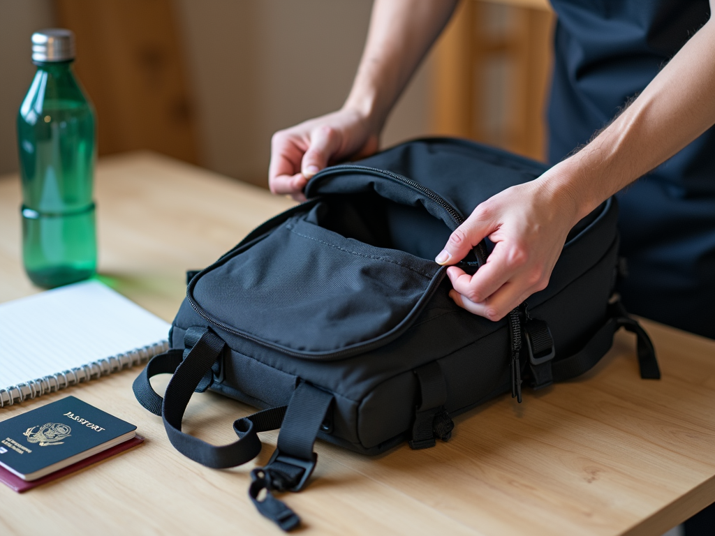 A volunteer packs thoughtfully for an international trip, preparing for service and adventure.