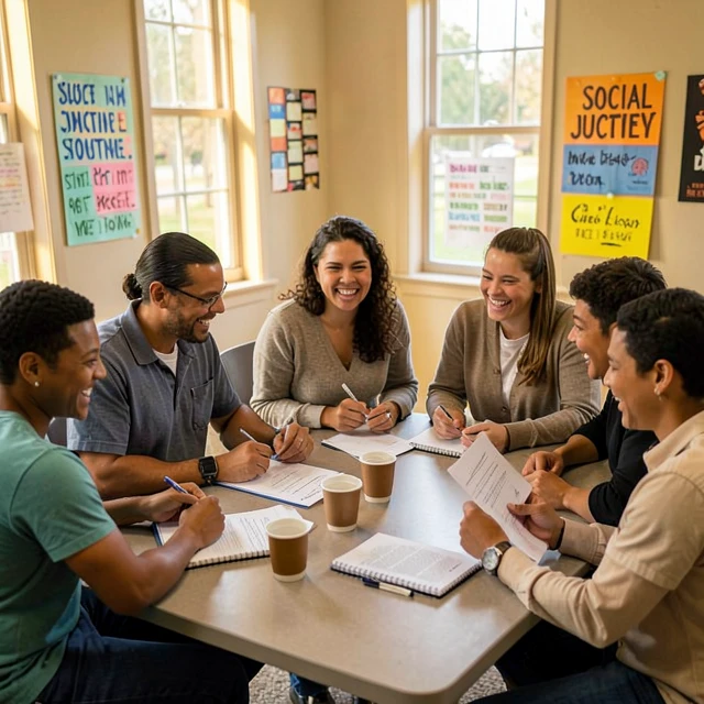 Group of advocacy volunteers collaborating in a community meeting