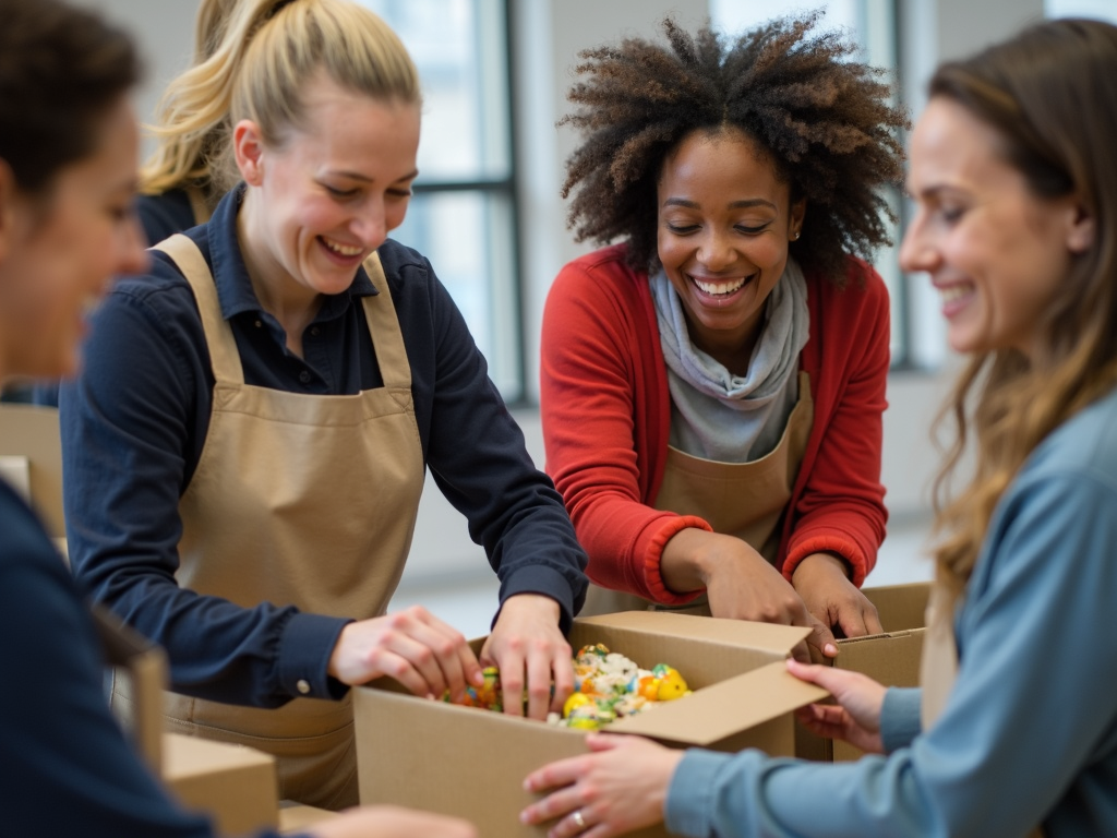 Volunteers packing boxes at food bank