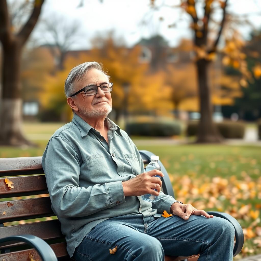 A volunteer resting on a park bench with autumn leaves in the background.