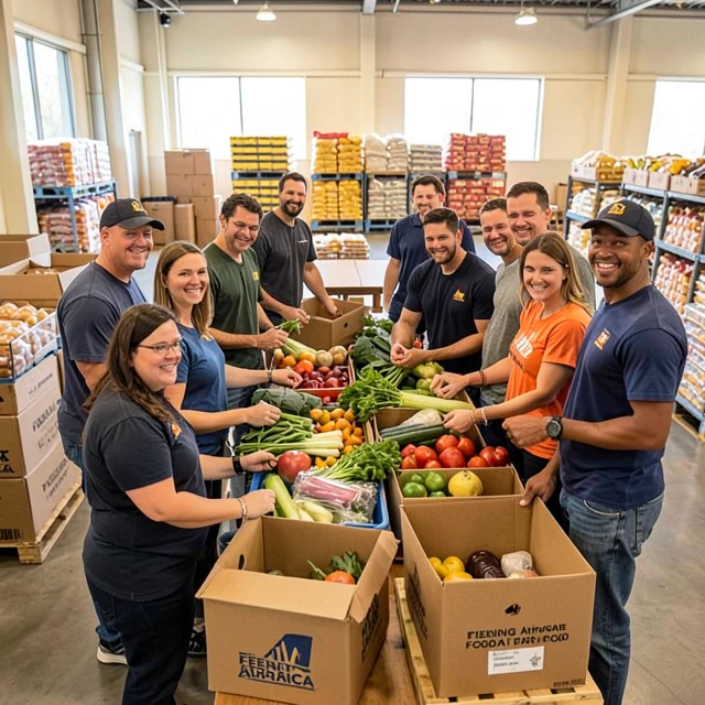 Volunteers sorting and packing fresh food donations at a Feeding America food bank