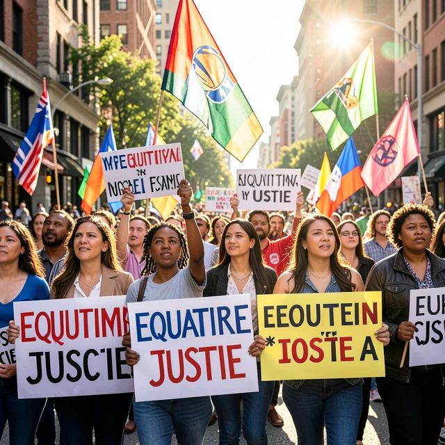 Diverse crowd participating in a peaceful social movement march
