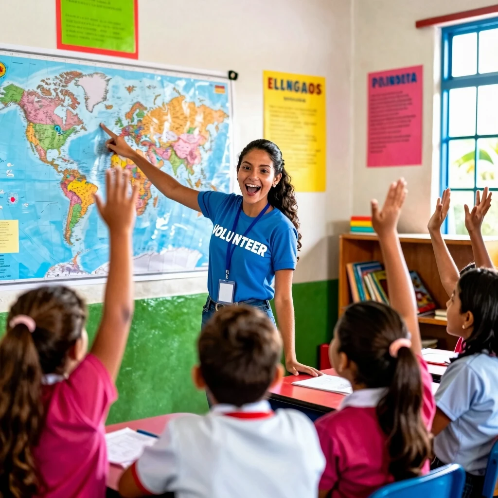Volunteer teaching language skills in an international classroom