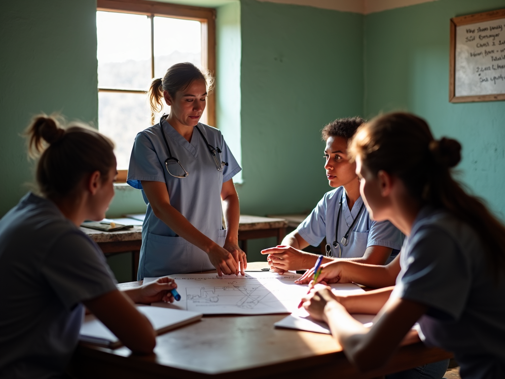 Nurse training local staff with hands-on teaching