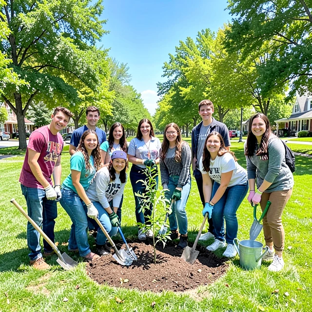 Students planting trees in a community park as part of a service learning project