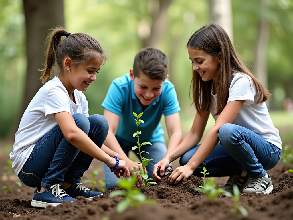 Teacher and students planting seedlings during a service-learning project.
