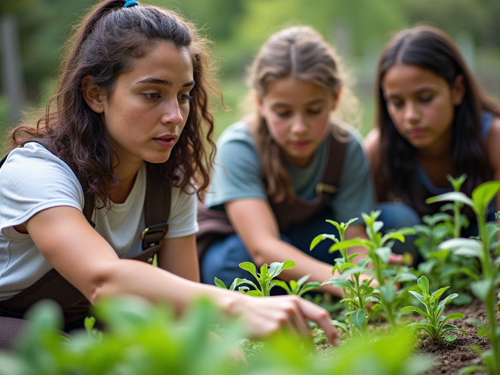 Volunteer teaching teens in a community garden