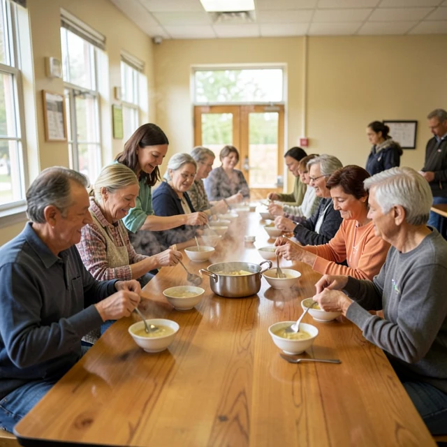 Volunteers serving meals at a local soup kitchen