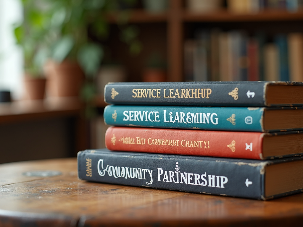 A collection of educational books about service learning on a wooden desk.