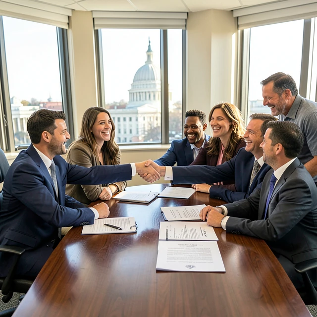 Grassroots advocates celebrating policy victory with policymakers