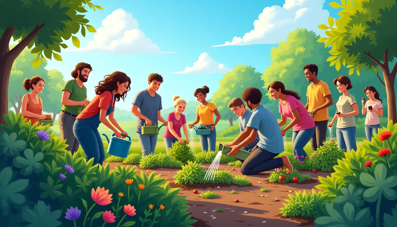 Volunteers working in a community garden, promoting sustainability and community engagement.