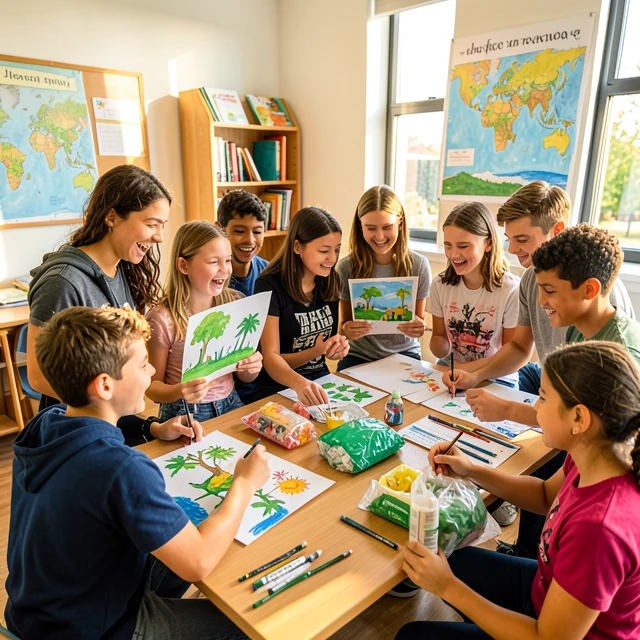 Diverse students engaged in service learning project in classroom