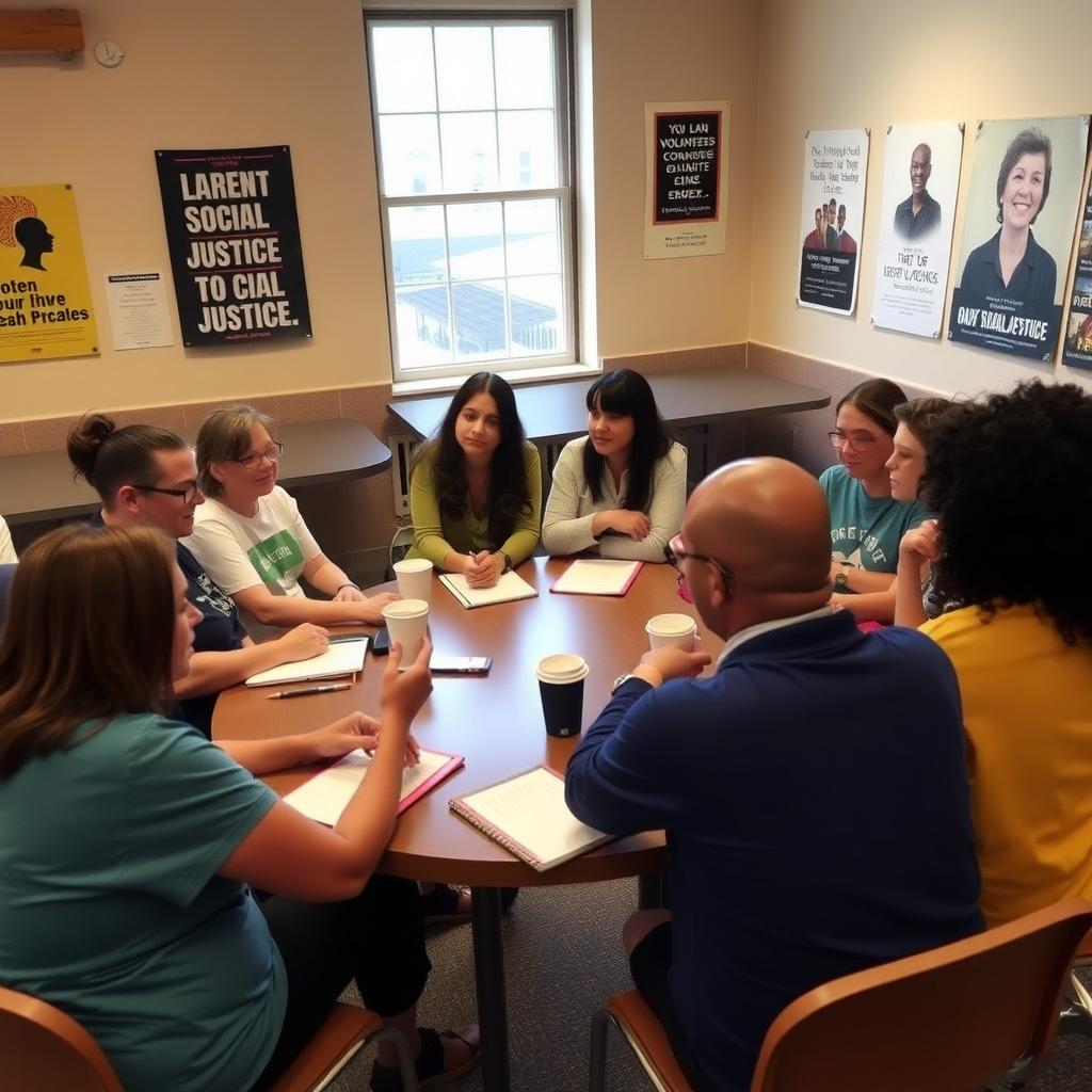 Volunteers discussing a social justice campaign in a warmly lit community center with posters on the walls.