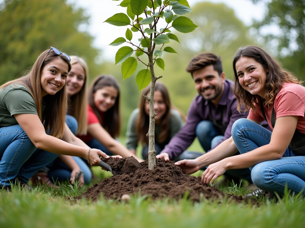Volunteers planting trees together in a park