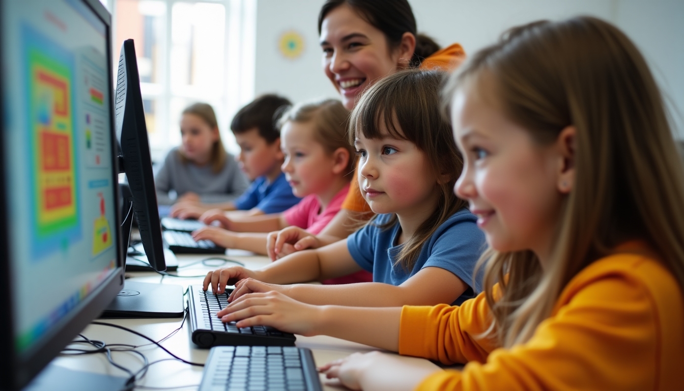 Volunteers and students engaged in a coding session in a classroom, computers open