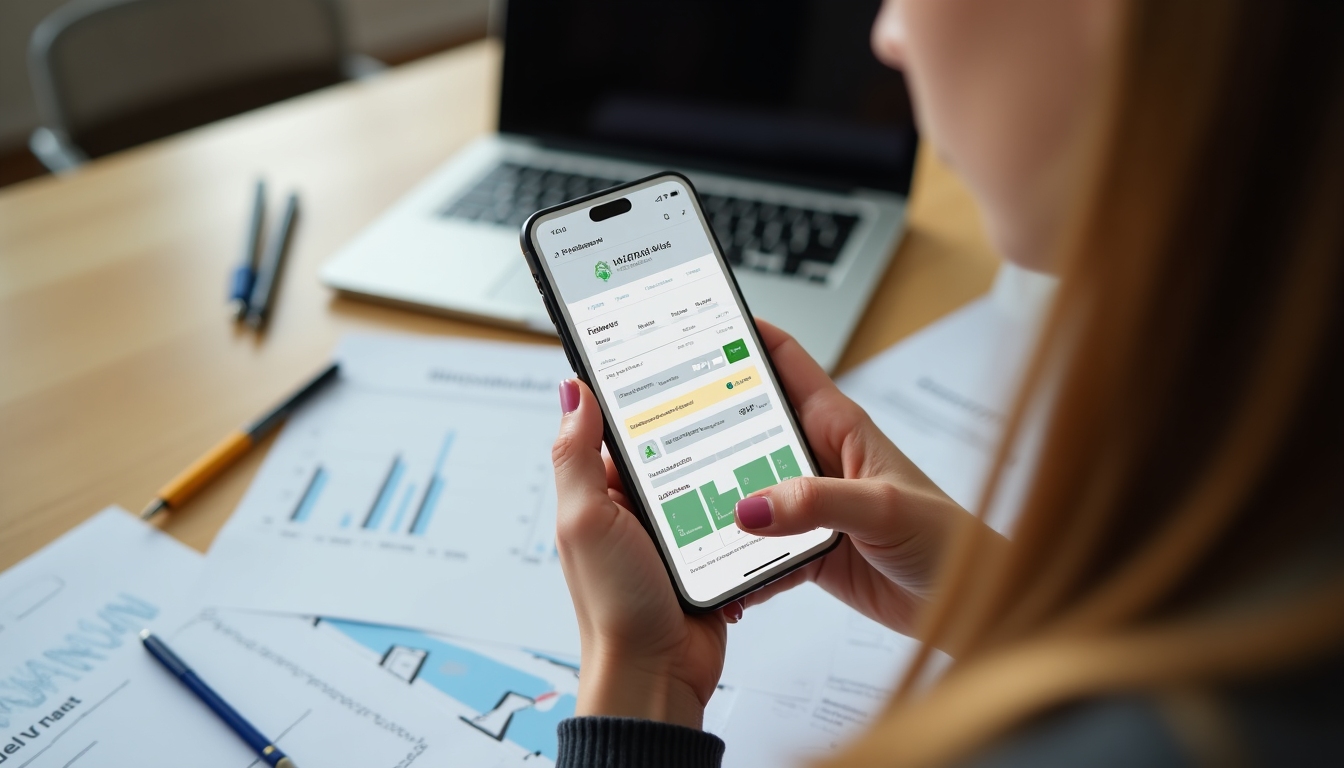 A smartphone displaying a financial management app dashboard, held by a volunteer in a nonprofit office.