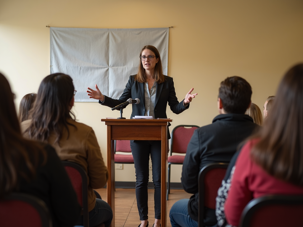 A volunteer speaking at a community meeting, showing how advocacy starts with a single voice.