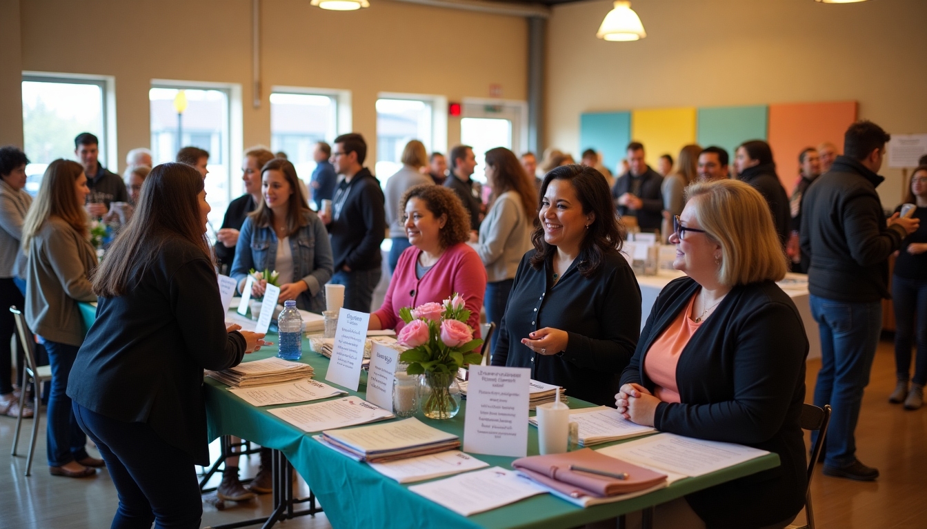A vibrant volunteer outreach event set in a community hall, with booths and people engaged in discussions.