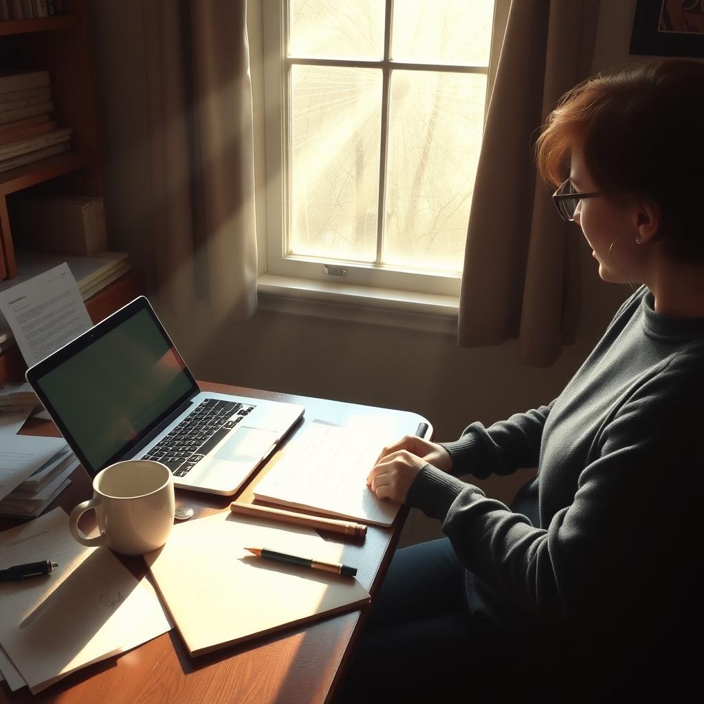 A person writing a letter to a local official at a cozy desk with research papers and a coffee mug.