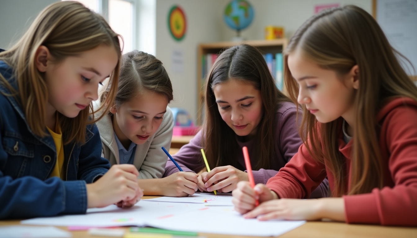 A classroom setting with students discussing a community project plan.
