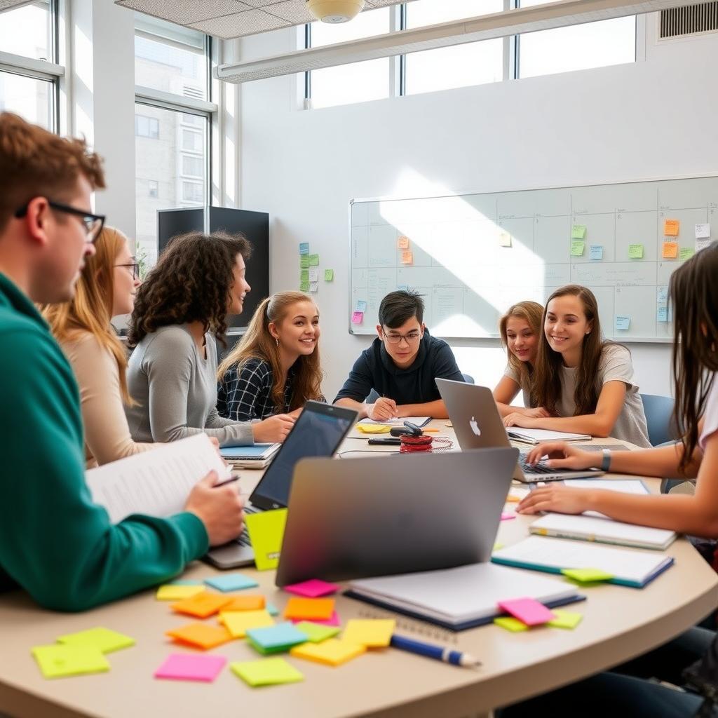 College students brainstorming a service learning project in a bright classroom.