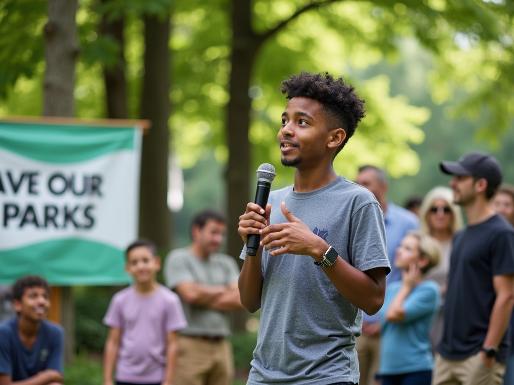 Advocacy volunteer speaking at a park cleanup event