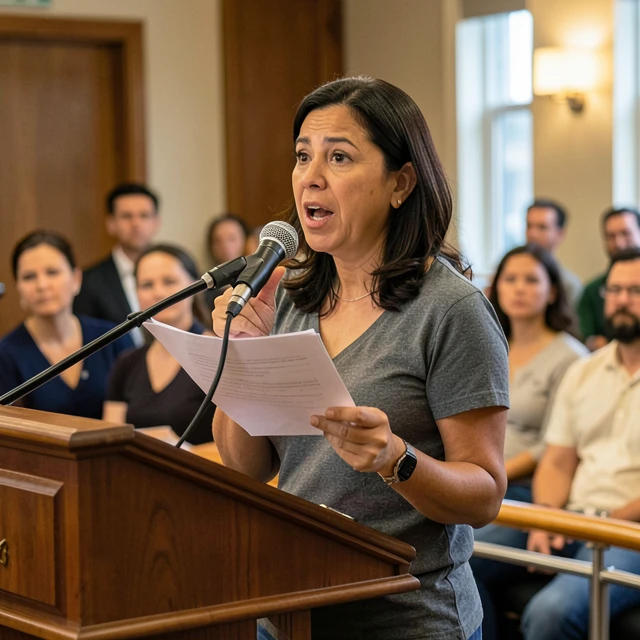 Volunteer advocate speaking at a city council meeting