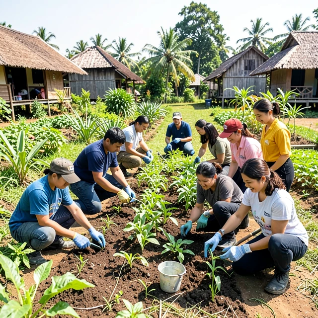 Diverse volunteers building a community garden abroad