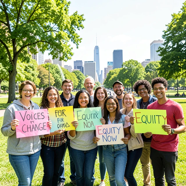 Diverse volunteers uniting for advocacy in a park