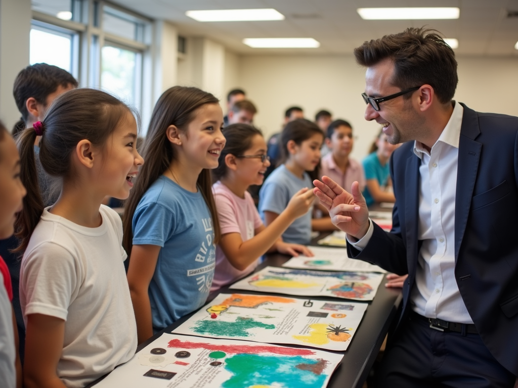 Volunteer scientist mentoring students at a science fair