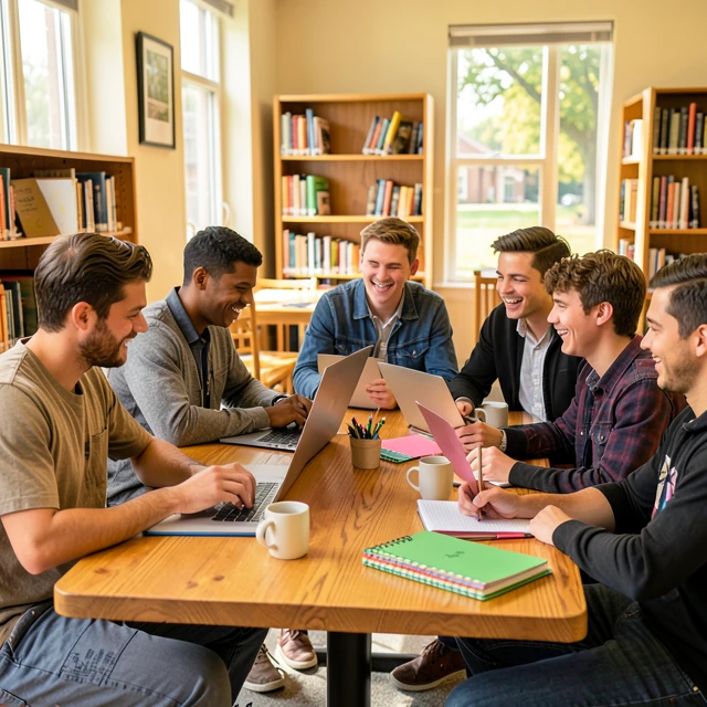 College students balancing study and group activities in a campus library