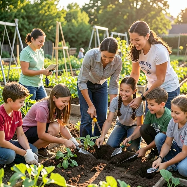 Students and teacher collaborating in a community garden as part of a service learning project