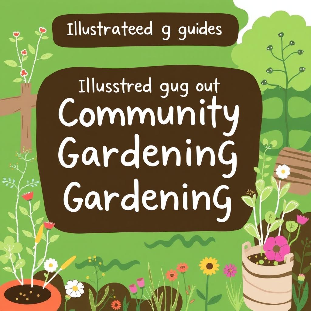 A beginner’s guide to starting a community garden, with illustrations of tools, plants, and people working together.