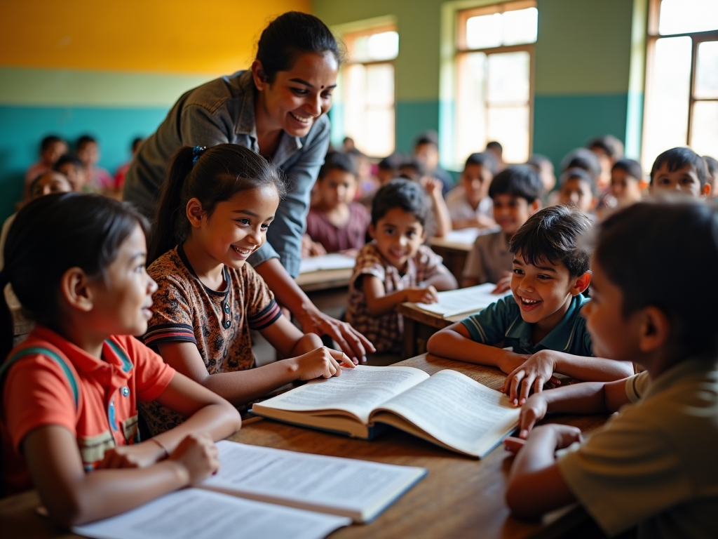 Volunteers distributing books to kids