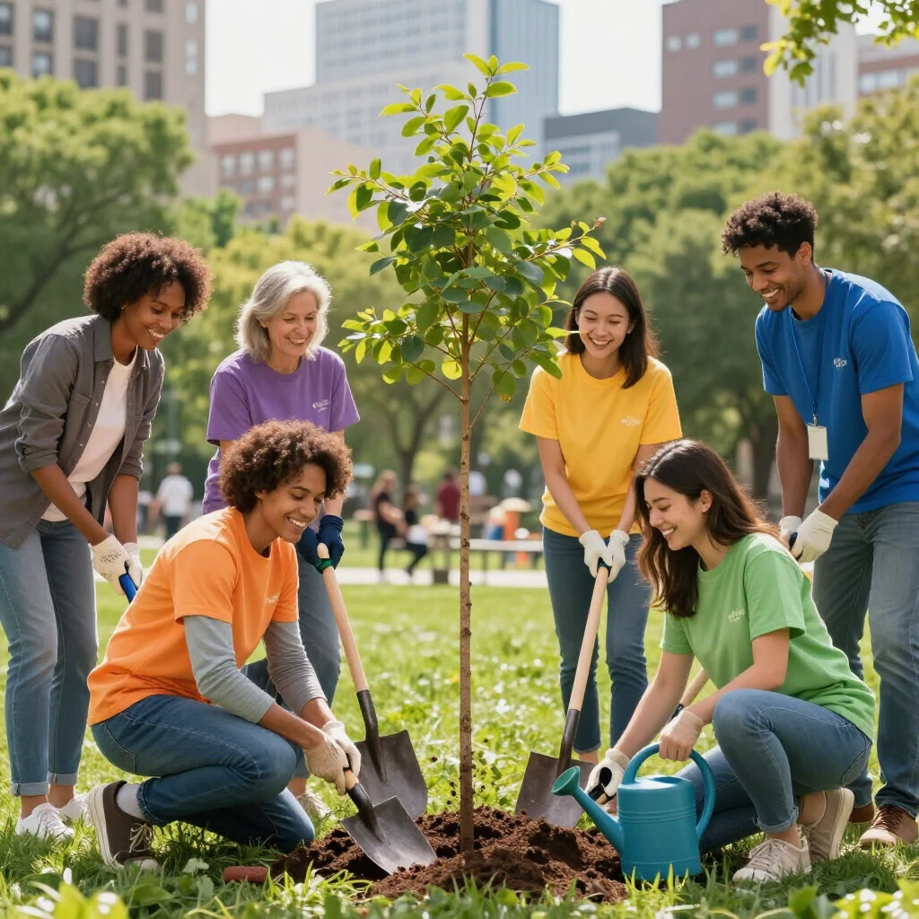 Diverse group of volunteers planting trees in a community park