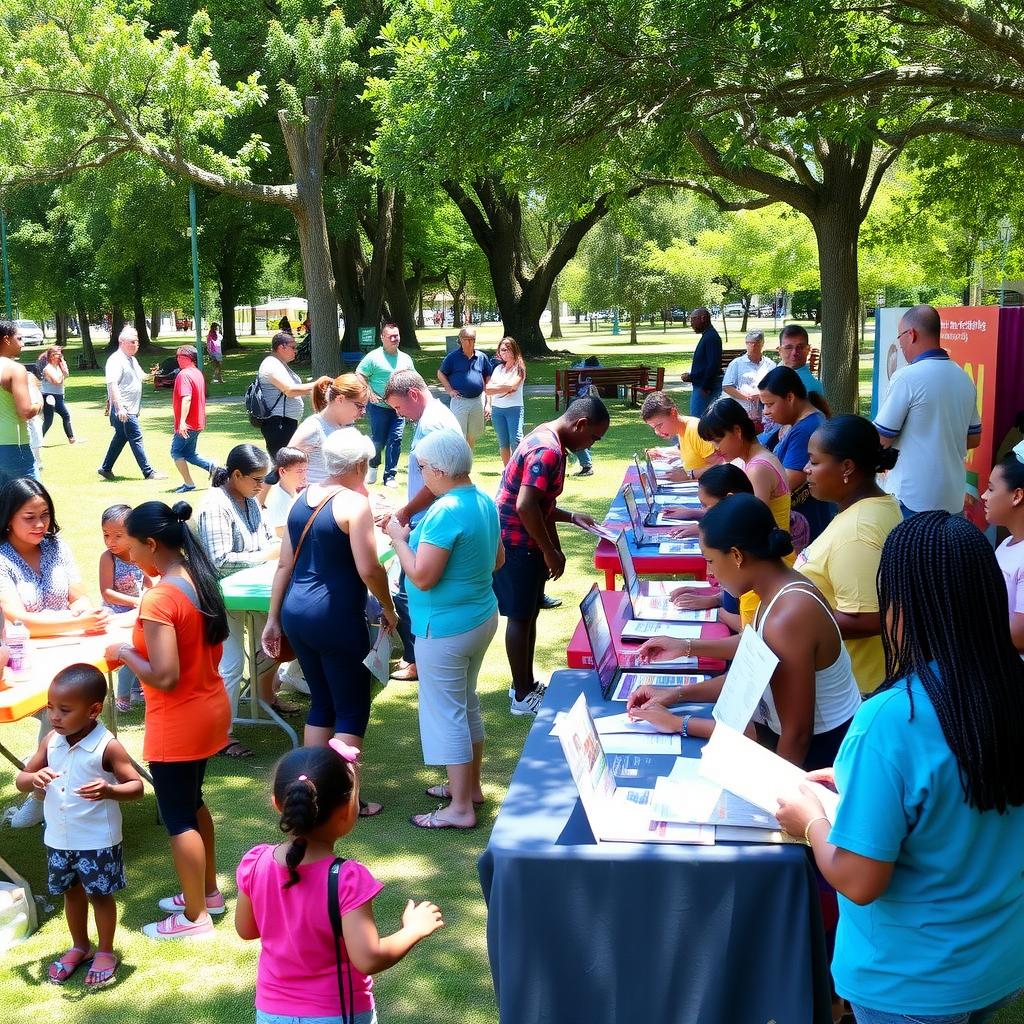 A community health fair with volunteers at booths providing health screenings and educational materials in a sunny park.