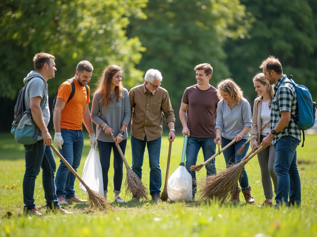 Community members cleaning up a park together