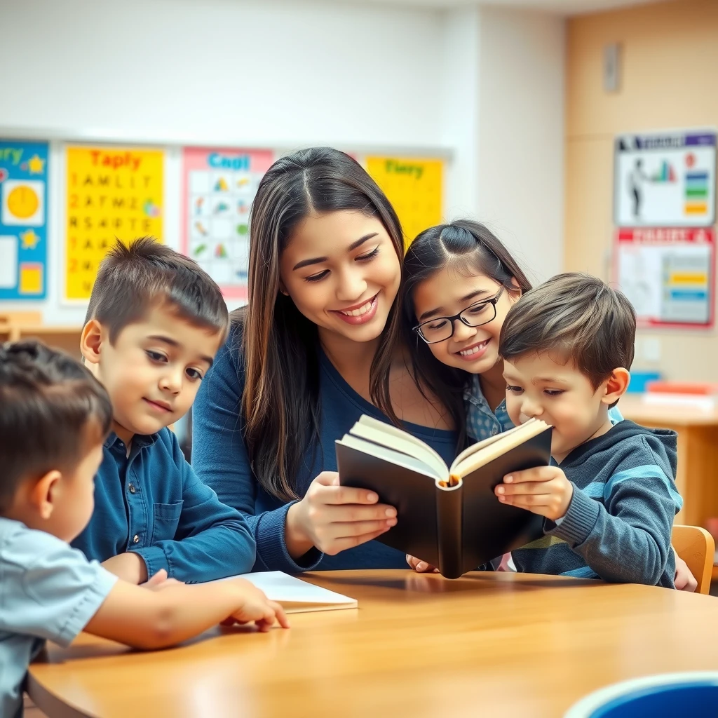 College student tutoring children in a classroom